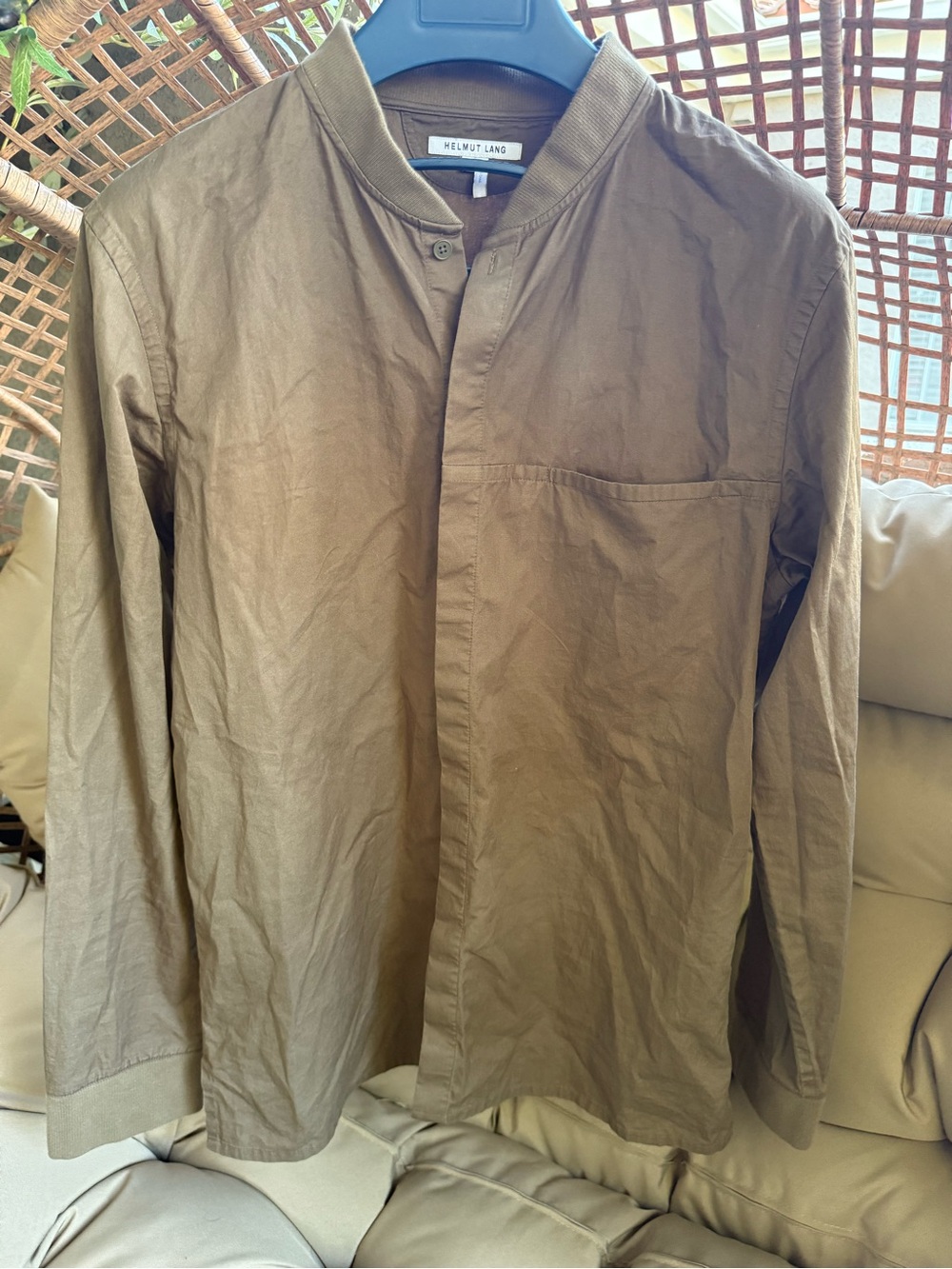 Helmut Lang Olive-Brown Lightweight Collarless Shirt Jacket